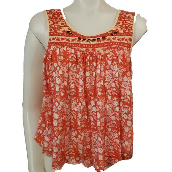 Free People Linen Blend Top Womens XS Swing Orange Floral Sleeveless Bohemian - Picture 1 of 12